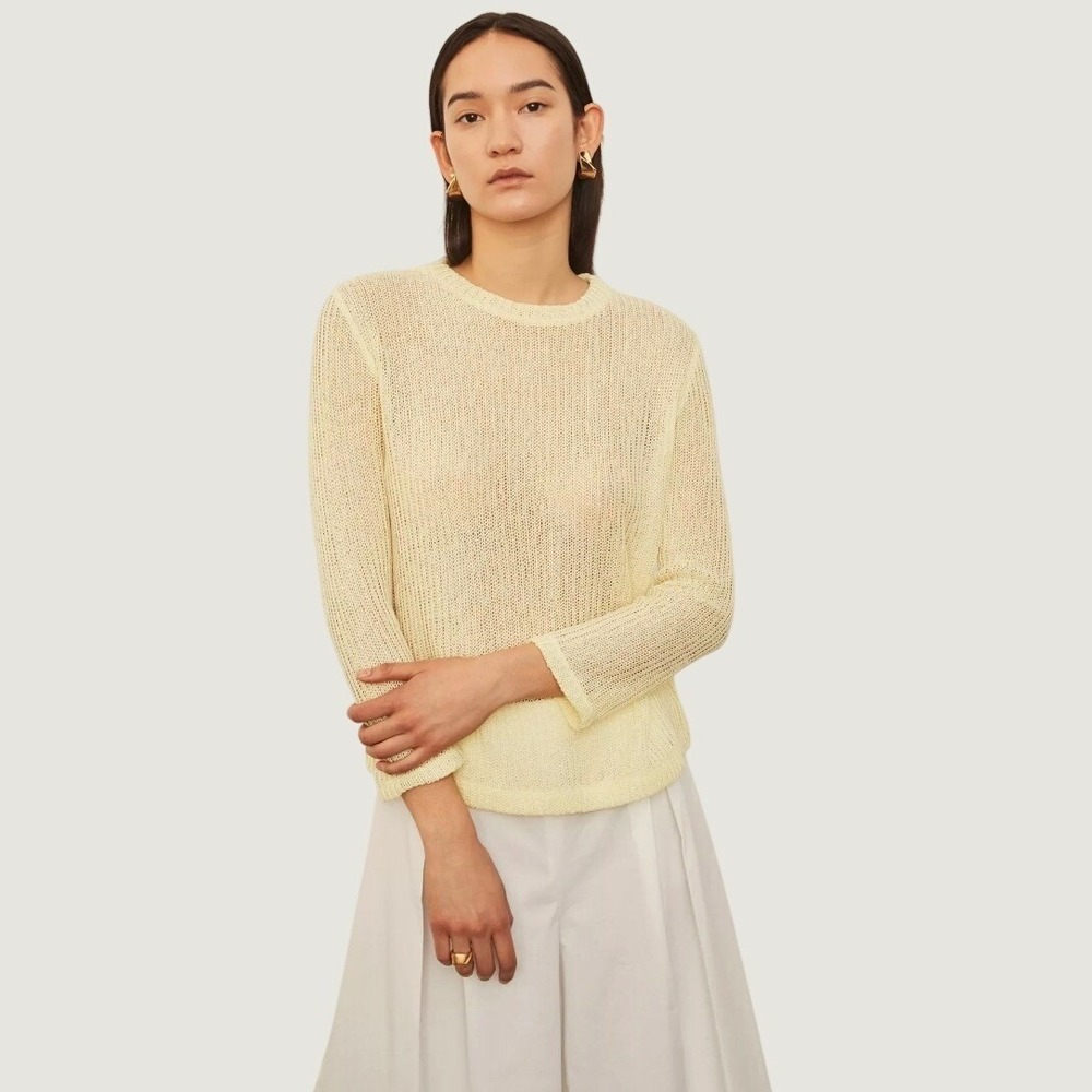 Vince Bracelet Sleeve Crew Neck Sweater Pale Yellow Open Knit Mesh 1X 1T